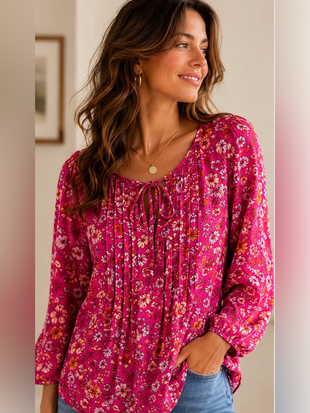 Suzanne Betro Bright Fuchsia Floral Tie-Neck Blouse - Picture 2 of 4